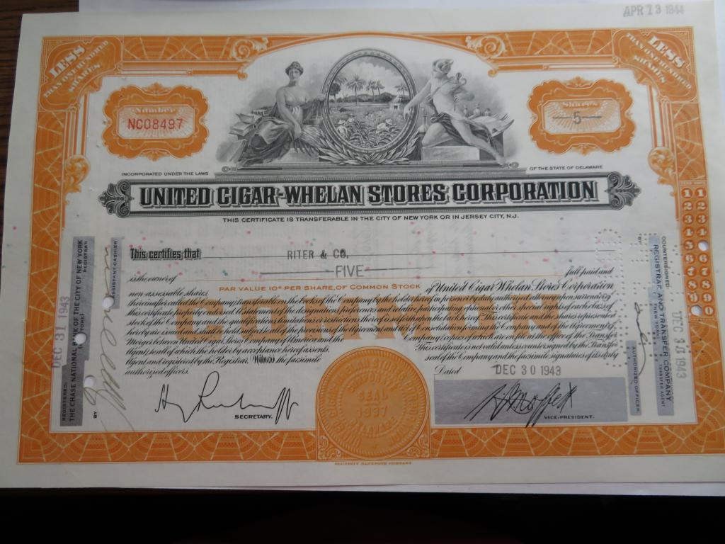 United Cigar Whelan Store Stock Certificate (1 of 1)