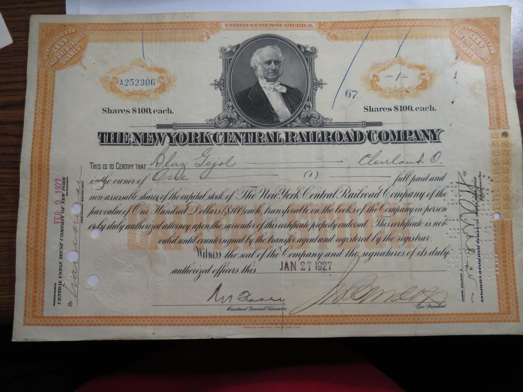 1927 NY Central Railroad Stock Certificate (1 of 1)