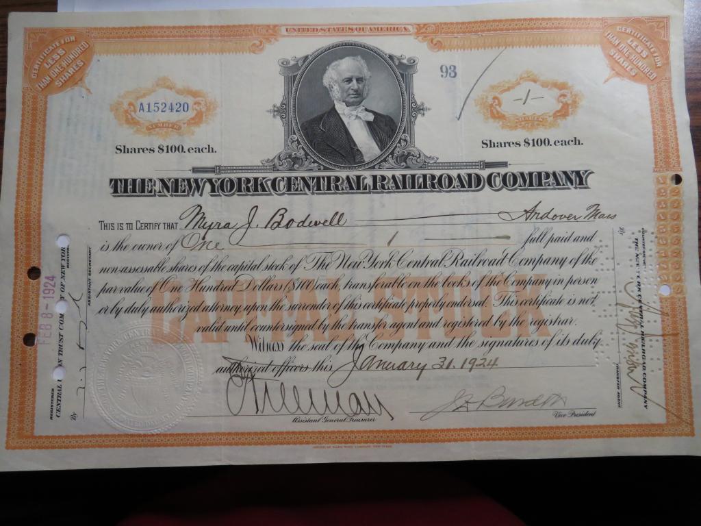 1924 NY Central Stock Certificate (1 of 1)