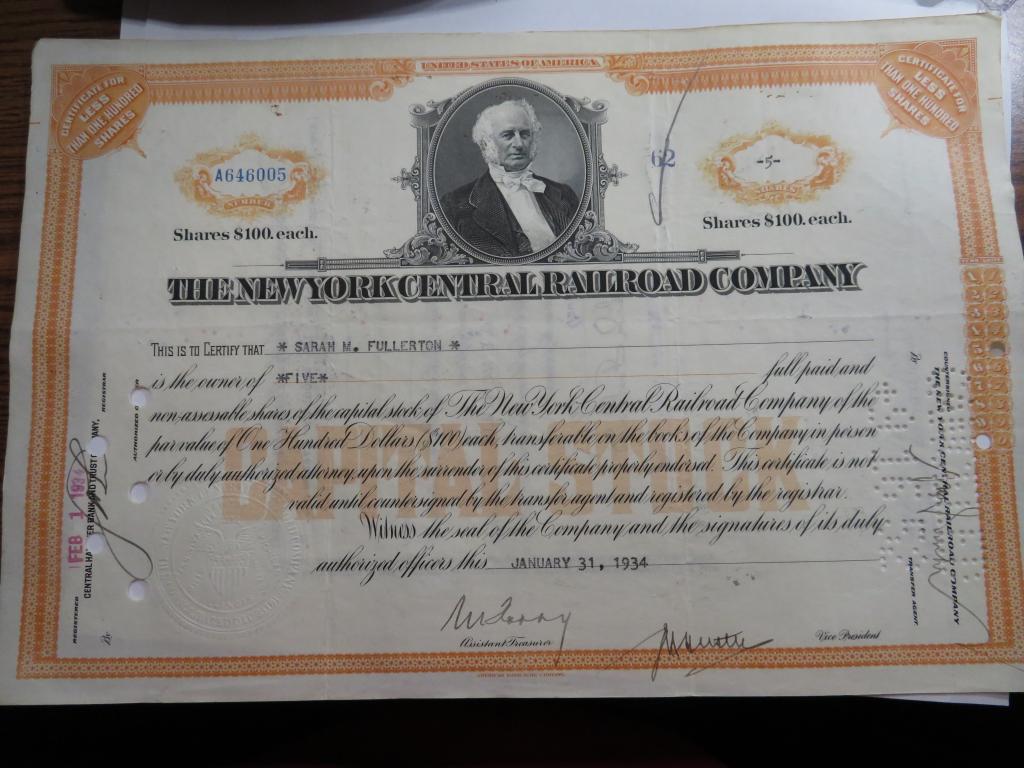 1934 NY Central Railroad Stock certificate (1 of 1)