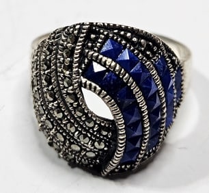 Fancy Stering Silver Lapis - Marcasite Ring