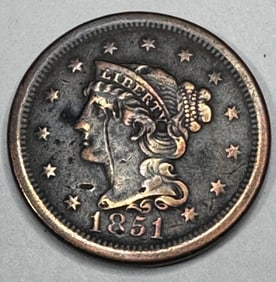 1851 Fine Grade Die Void Large Copper Cent