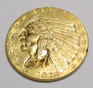 1928 $2.5 Gold indian AU Grade