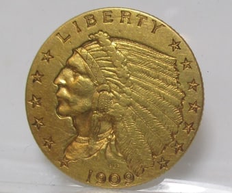1909 $2.5 Gold Indian XF Plus Grade