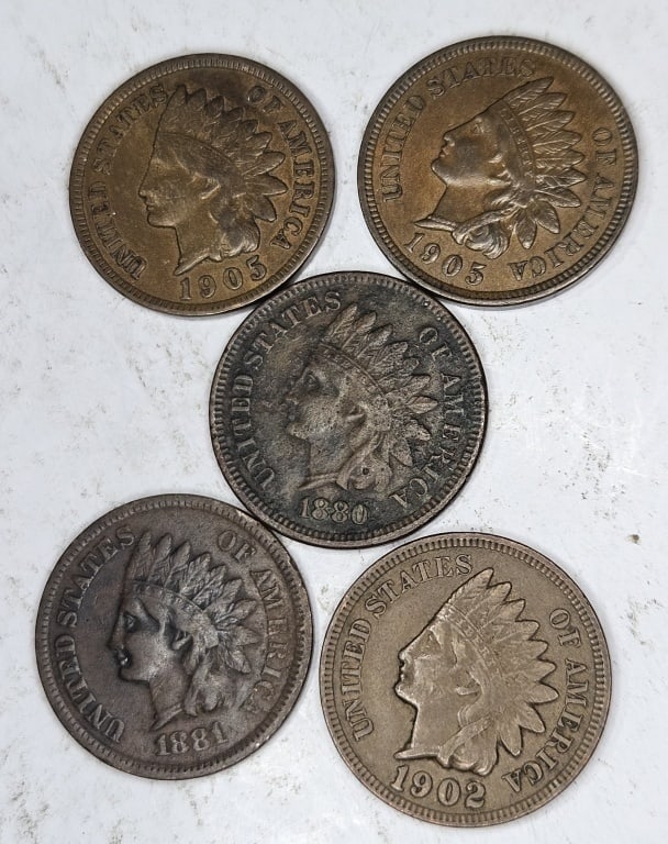 1880 -1905-1902-1905-1881 Indian Head Cents: Item is the exact item in the image - Bidder is responsible for all value and grade determination - Please review the entire terms and conditions prior to placing any bids - All sales final -All invoi