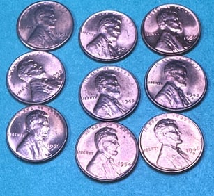 (9) GEM BU Red 1940's-1950's Wheat Cents