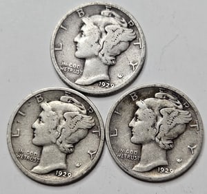 1929 -P-D-S- Trio VG Grade Mercury Dimes