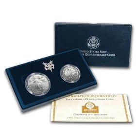 1992 Columbus 2 Coin Commemorative Silver