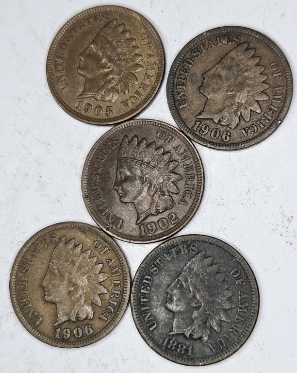 1905-1906-1902-1881-1906 Indian Head Cents: Item is the exact item in the image - Bidder is responsible for all value and grade determination - Please review the entire terms and conditions prior to placing any bids - All sales final -Allinvoic