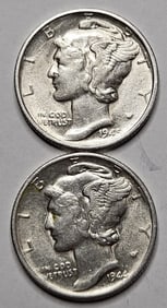 1945 s- 1944 s AU-BU Grade Mercury Dimes