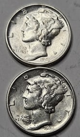1943 s BU - 1944 s AU Grade Mercury Dimes