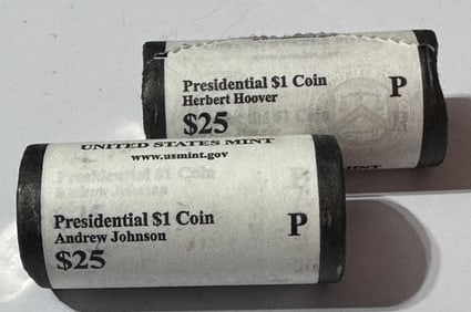 (2)$25 Presidential Dollar Rolls -Hoover-Johnson