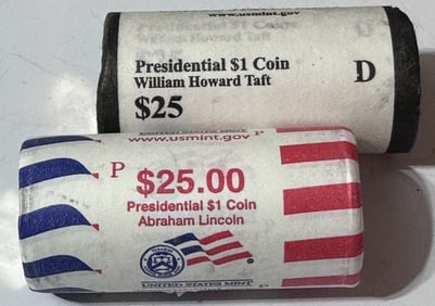 (2) $25 Rolls of Presidential Dollars-Taft-Lincoln