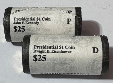 (2) $25 Presidential Dollar Rolls- IKE-JFK