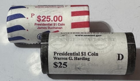 (2) $25 Presidential Dollar Rolls -Harding-Buchan.