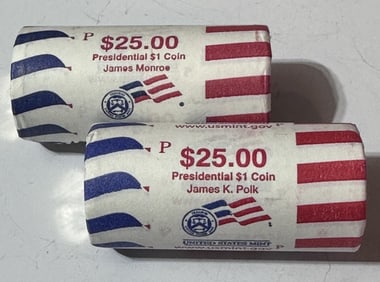 (2) $25 Presidential Dollar Rolls- Polk-Monroe