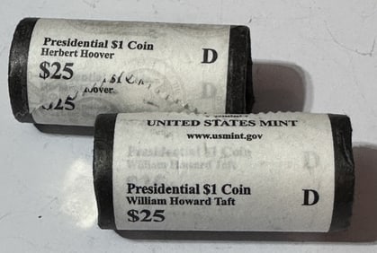 (2) $25 Presidential DOllar Rolls- Taft-Hoover