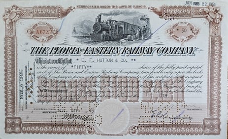 1945 Peoria & Eastern Railroad Stock Certificate