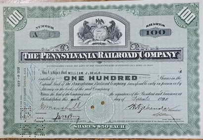 1920 Pennsylvania Railraod Stock Certificate