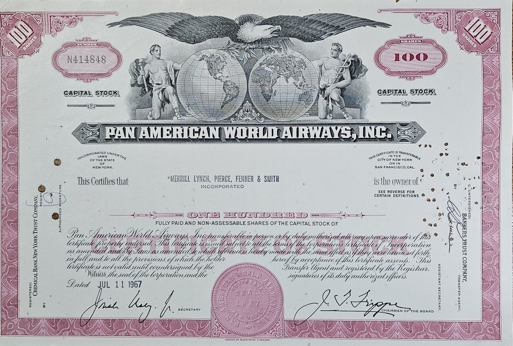1967 Pan American Airways Stock Certificate: Item is the exact item in the image - Bidder is responsible for all value and grade determination - Please review all term and conditions prior to placing any bids - All sales final - any bid is an ag