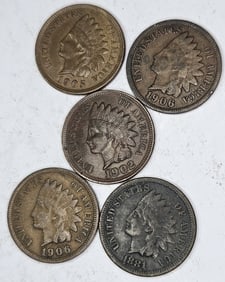 1905-1906-1902-1881-1906 Indian Head Cents