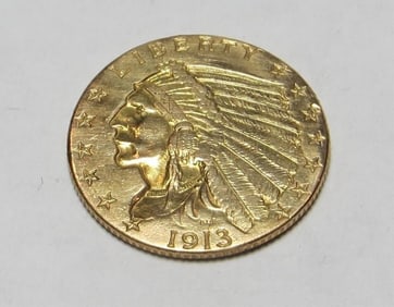 1913 $2.5 Gold Indian XF - AU Grade -