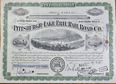 1957 Pitts & Lake Erie Railroad Stock Certificate