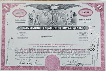 1968 Pan American World Airways Stock Certificate