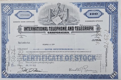 1969 International Telephone/Telegraph Stock Cert.
