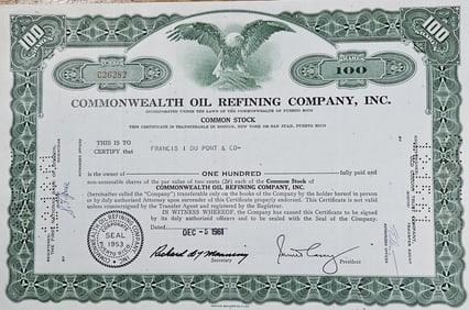 1961 Commonwealth Oil Refinery Stock Certificate