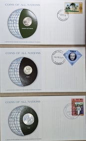 (3) Coins of All Nations w/ Stamps
