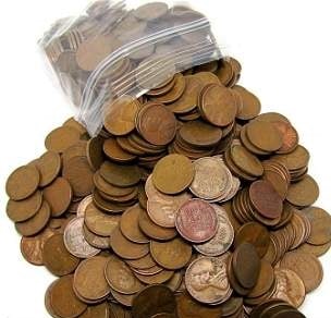 (1) Bag of 100 pcs. Unsearched Lincoln Wheat Cents: An unsearched bag counted from large hoard into parcels of 100 pcs.