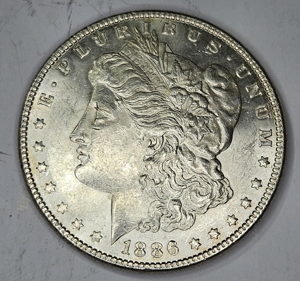 1886 AU-BU Semi PL Fields Morgan Dollar: Item is the exact item in the image - Bidder is responsible for all value and grade determination - Please review the entire terms and conditions prior to placing any bids - Please note that allbidsar
