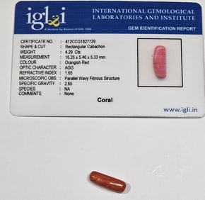 4.29 ct. Natural Red Coral Specimen w/COA Card