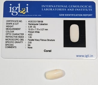 5.38 ct. Natural White Coral Specimen w/COA card