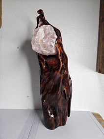 Spectacular Driftwood Holder with Large Rough Rose Quartz Specimen