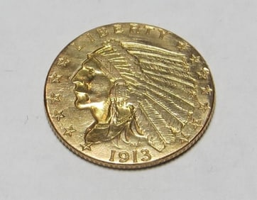 1913 $2.5 Gold Indian XF - AU Grade -