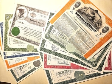 Lot of (10) Assorted Vintage Stock Certificates