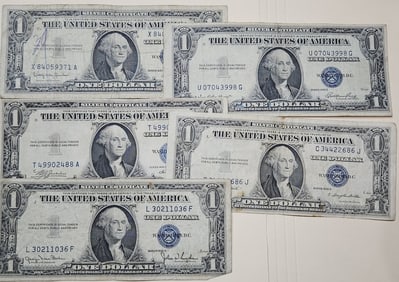 Lot of(5) Blue Seal $1 Silver Certificates