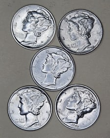 (5) AU/BU Grade Mercury Dimes