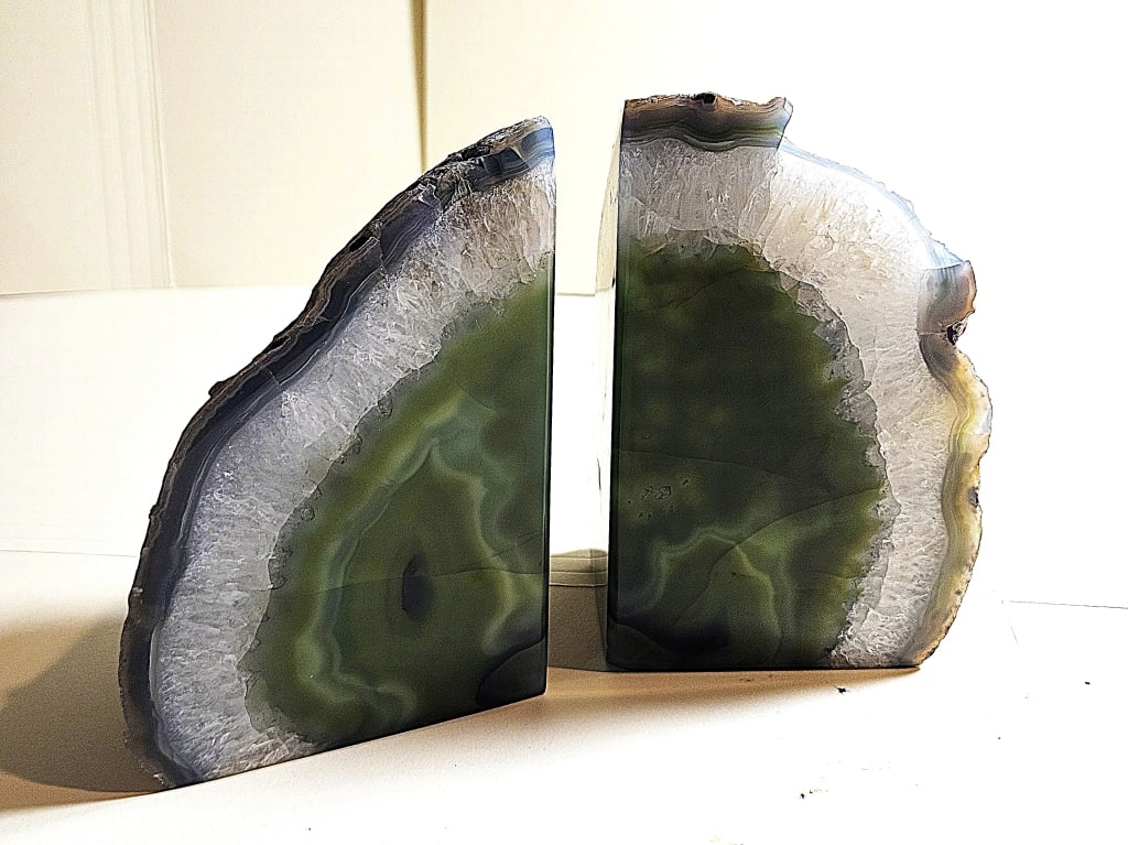 Natural Green Agate Book End Pair: Item is the exact item in the image - Items have all natural features, characteristics, natural compositional degradation. Bidder is responsible for all value and grade determination - Please