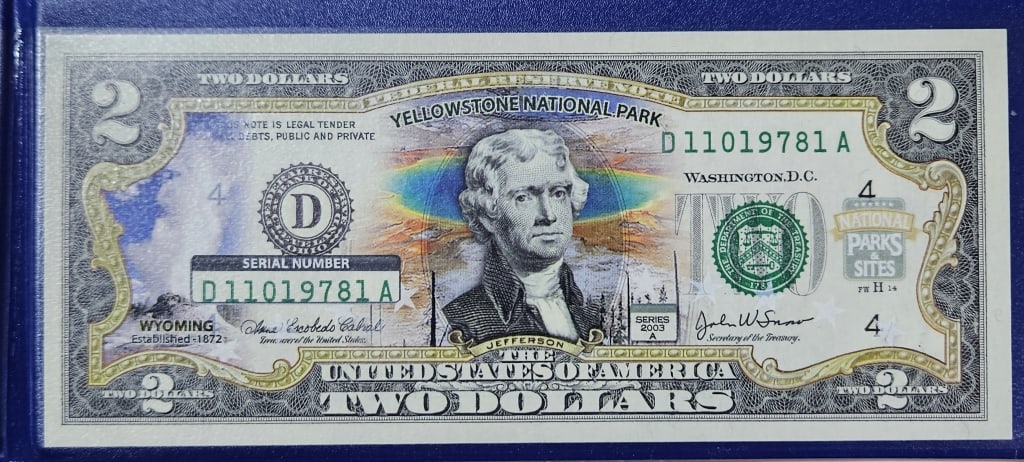 Colorized Yellowstone National Park $2 Bill: Items are the exact items in the image- Bidder is responsible for all value and grade determination - Please review the entire terms and conditions prior to placing any bids- Any bid is an