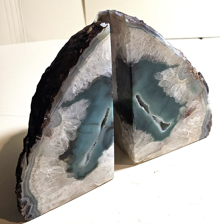 Green Agate Bookend Pair- w/ Geode Centers: Item is the exact item in the image - Items have all natural features, characteristics, natural compositional degradation. Bidder is responsible for all value and grade determination - Please