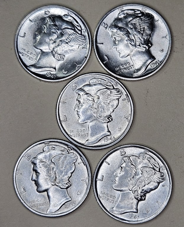 (5) AU/BU Grade Mercury Dimes: Items are the exact items in the image- Bidder is responsible for all value and grade determination - Please review the entire terms and conditions prior to placing any bids- Any bid is an