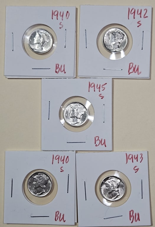 Lot of (5) BU Grade Mercury Dimes: Items are the exact items in the image- Bidder is responsible for all value and grade determination - Please review the entire terms and conditions prior to placing any bids- Any bid is an