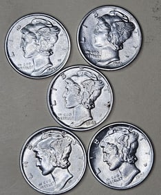 Lot of (5) AU/BU Mercury Dimes