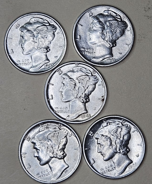 Lot of (5) AU/BU Mercury Dimes: Items are the exact items in the image- Bidder is responsible for all value and grade determination - Please review the entire terms and conditions prior to placing any bids- Any bid is an