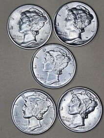 (5) AU/BU Grade Mercury Dimes