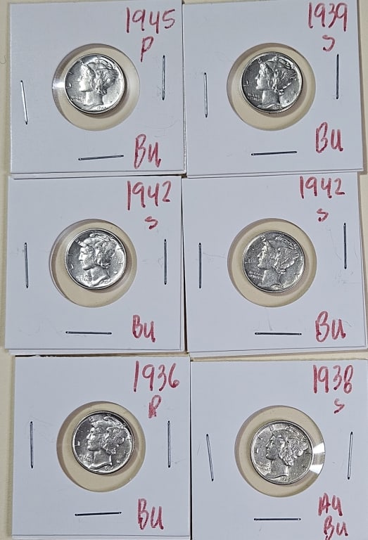 (6) BU Grade Mercury Dimes: Items are the exact items in the image- Bidder is responsible for all value and grade determination - Please review the entire terms and conditions prior to placing any bids- Any bid is an