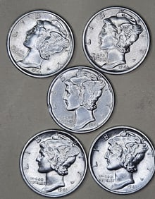 (5) AU/BU Grade Mercury Dimes